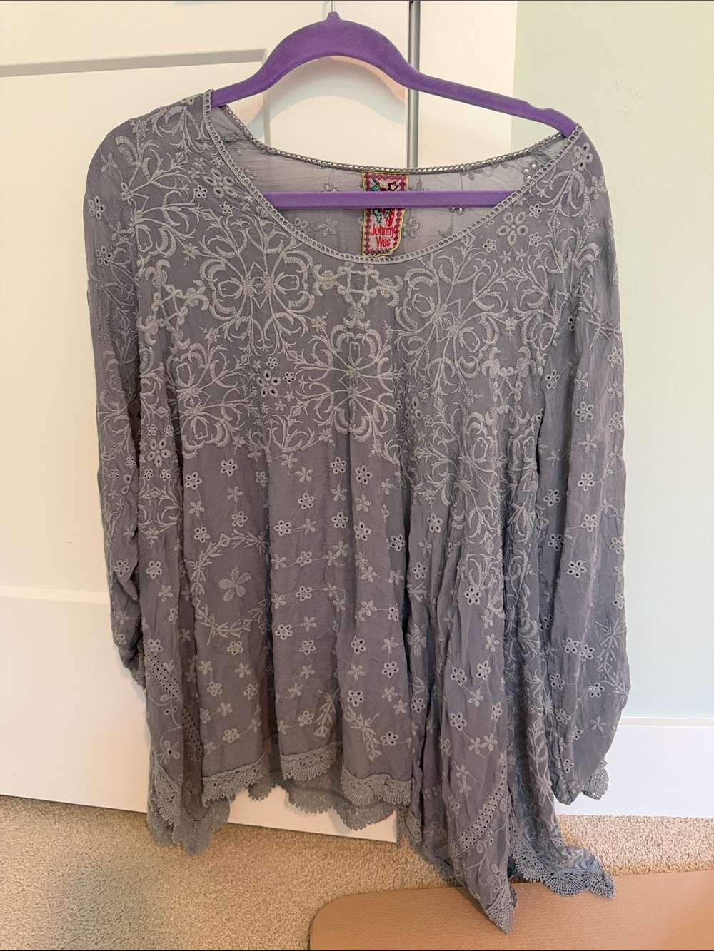 Oversized Johnny Was Grey Embroidered Blouse with Lace Fringe Size Medium